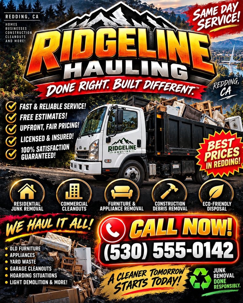 Example of a typical AI-made flyer: glossy gold lettering, a red ribbon slogan, starburst stickers, a checkmark list, a row of icons and a huge call-now button, all crammed together